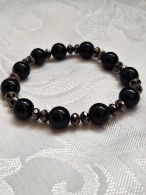 Black Glass Bead with Silver Plastic Bead Bracelet Office Goth Wedding Club